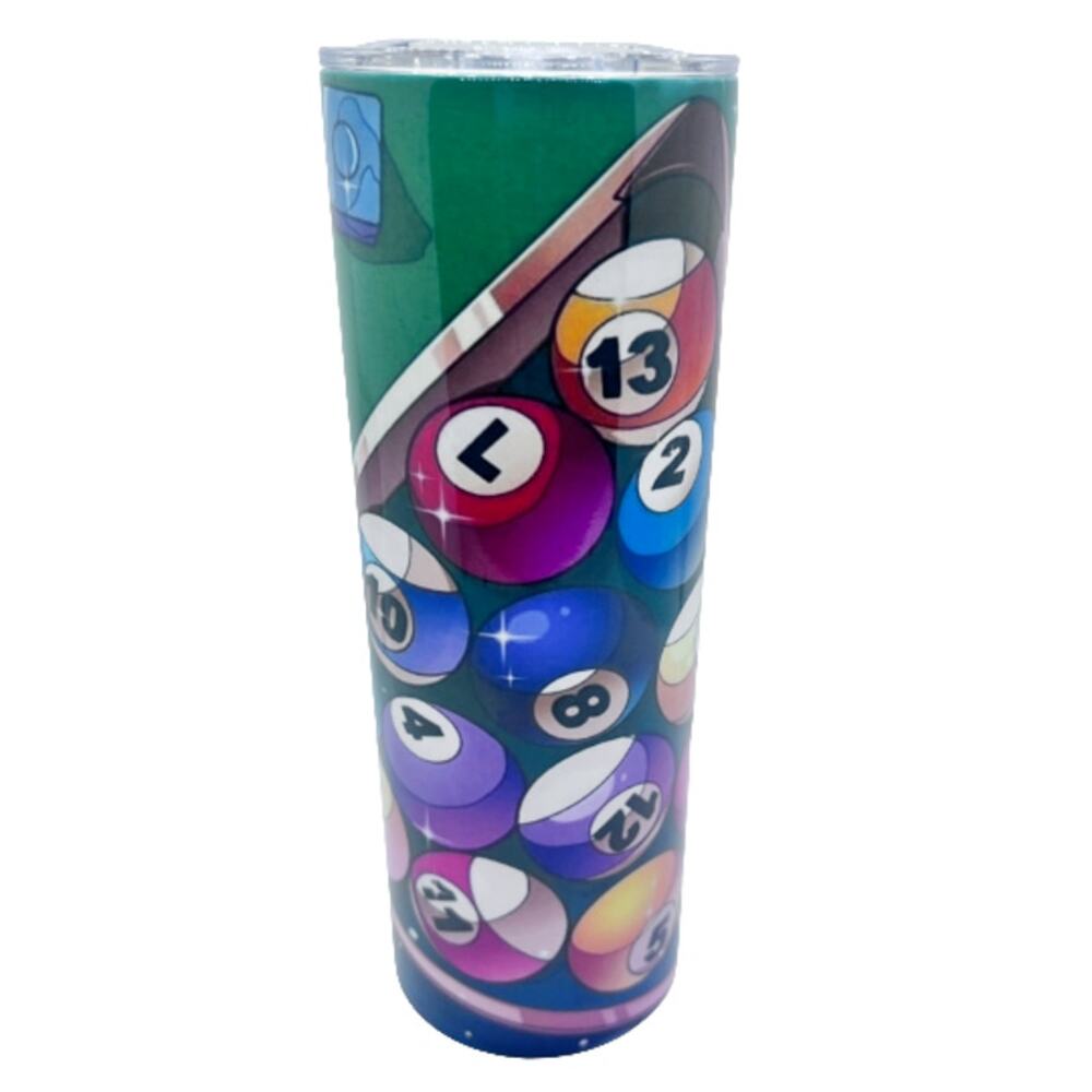 Pool Balls Billiards 20 oz Skinny Tumbler Custom Made New with Straw and Lid